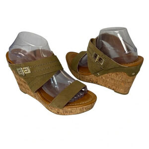TOMMY HILFIGER Mili Platform Wedge Sandals Olive Green Suede Leather Gold 10